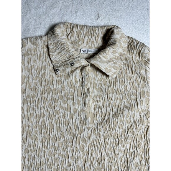 Zara Long Sleeve Beige Animal Print Cropped Crinkled Snap Button Top Sz L - Picture 4 of 7